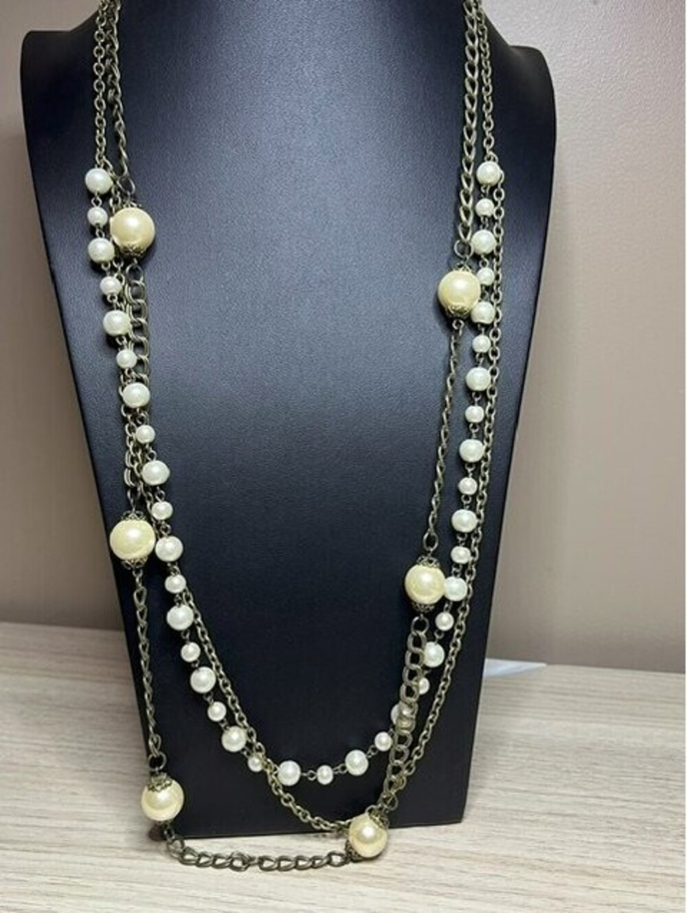 B7492 Talbots Long Multi Strand Faux Pearl Necklace Antique Gold Tone Chain 28"